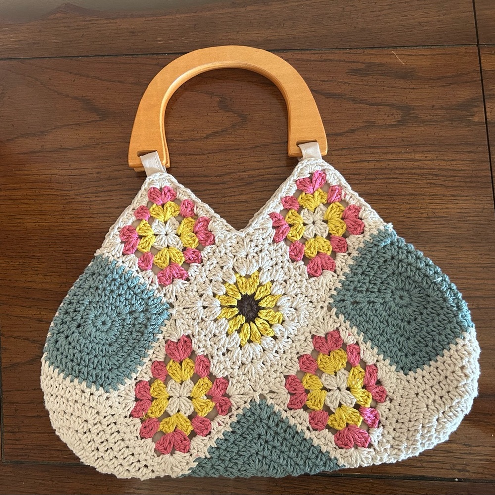 Small Boho Crochet Purse Handbag with wooden strap handles Never Used 14.5 "x13"